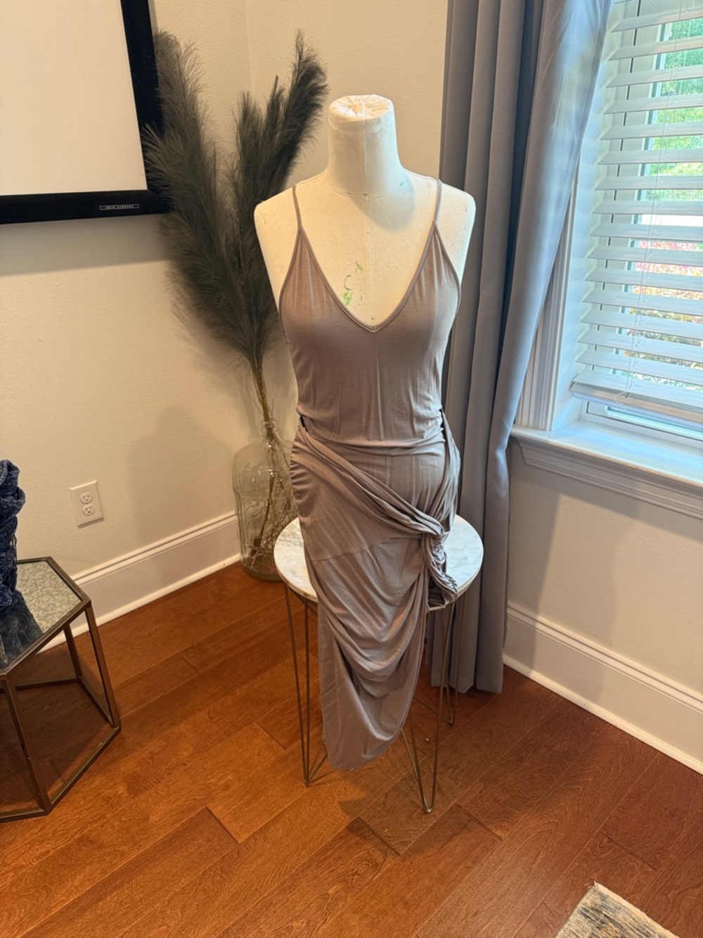 Slim Slip Midi Dress with Side Knot in Taupe